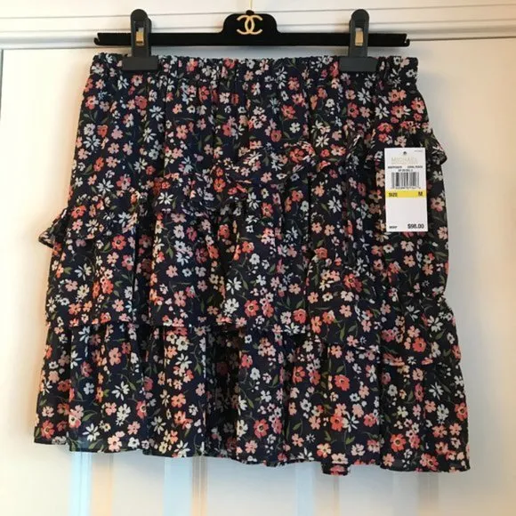 🌷 NEW Michael Kors Georgette Floral Tiered Ruffle Mini Skirt size M