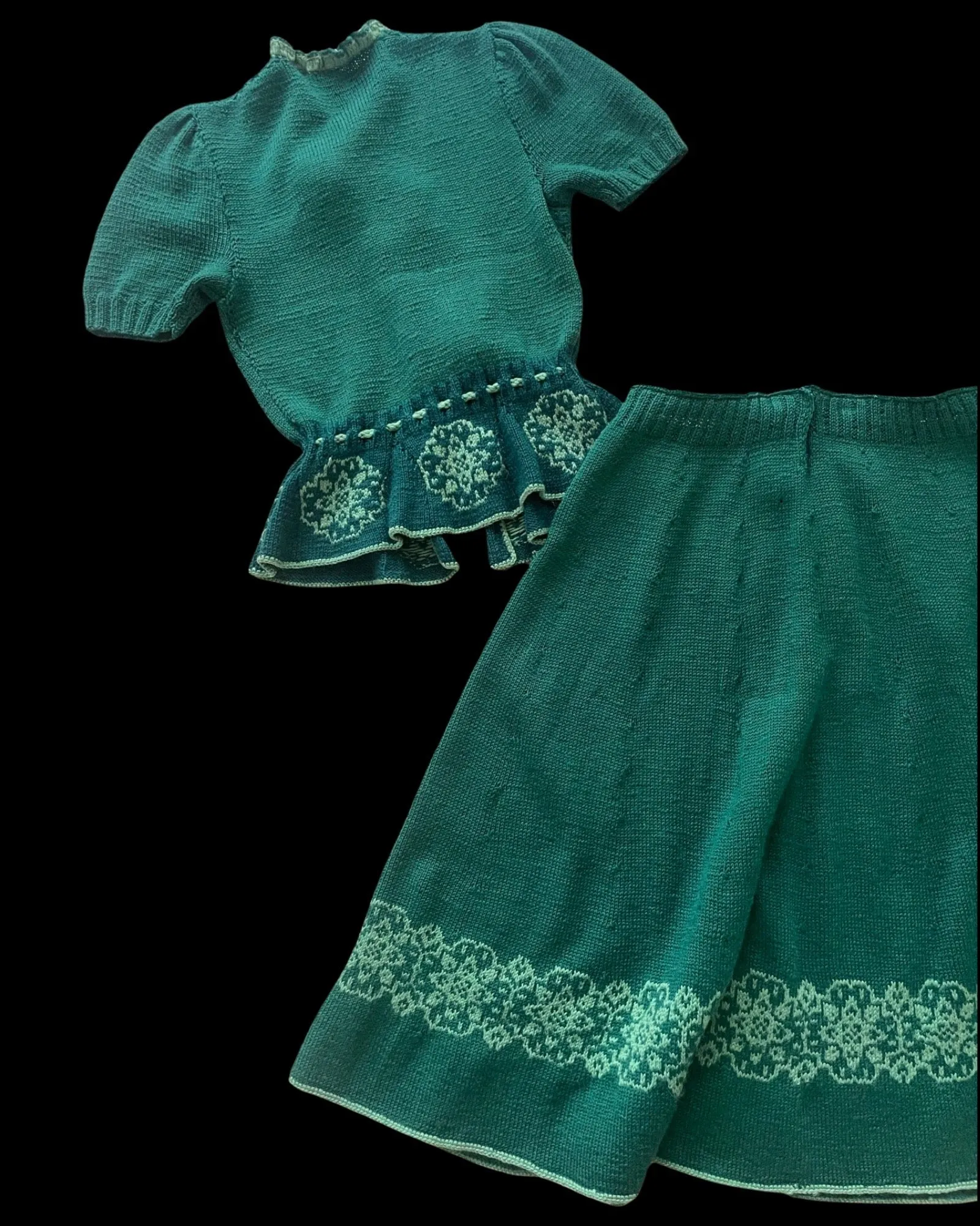 1930s Wool Hand Knit Folk Puff Sleeve Two Piece Set