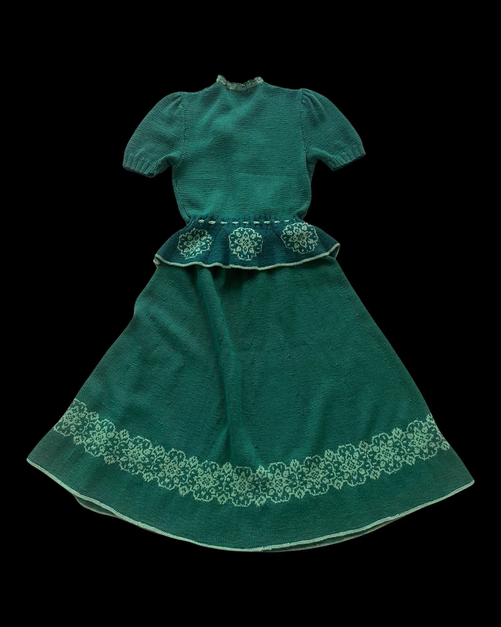 1930s Wool Hand Knit Folk Puff Sleeve Two Piece Set