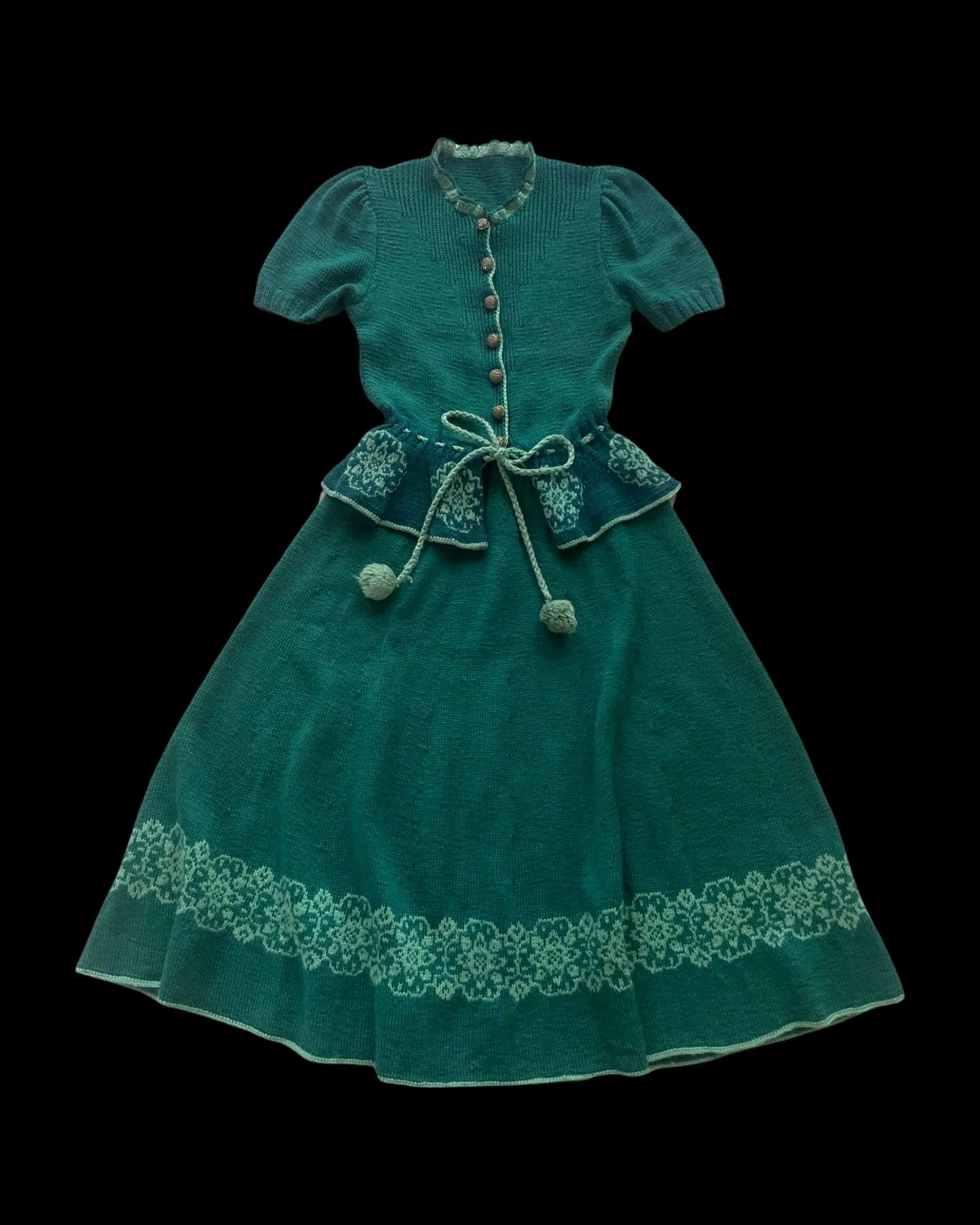 1930s Wool Hand Knit Folk Puff Sleeve Two Piece Set
