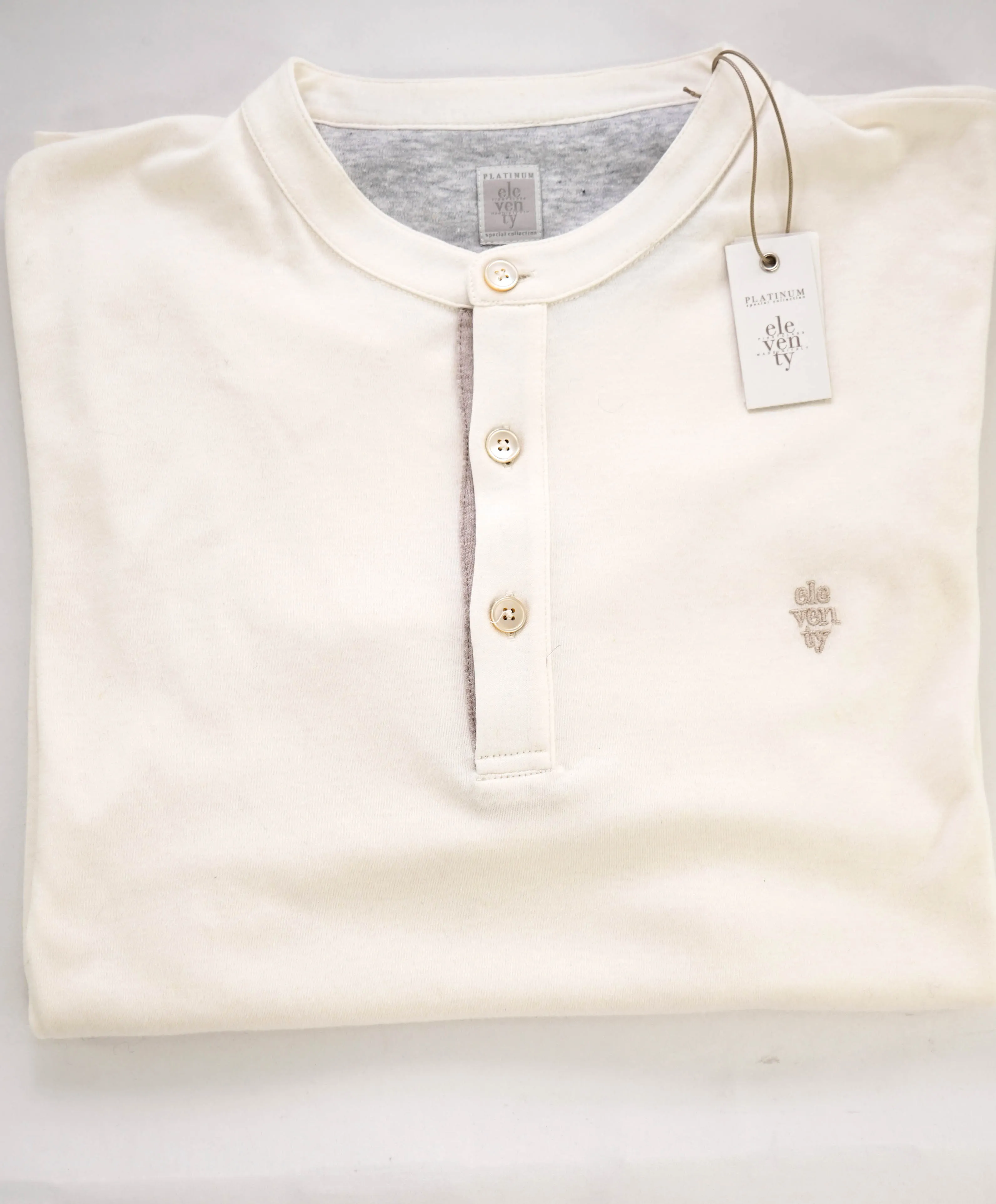 $395 ELEVENTY - Logo COTTON/LINEN Henley T-Shirt Ivory - M