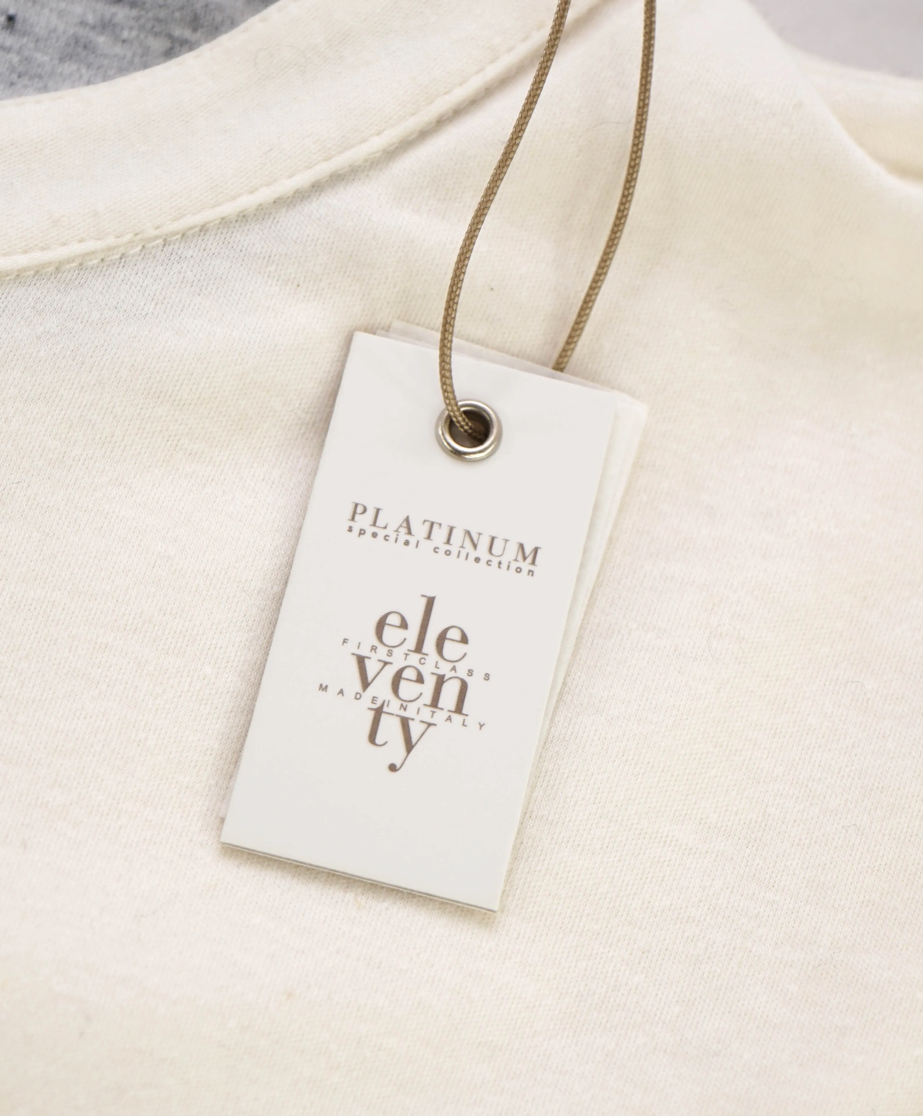 $395 ELEVENTY - Logo COTTON/LINEN Henley T-Shirt Ivory - M