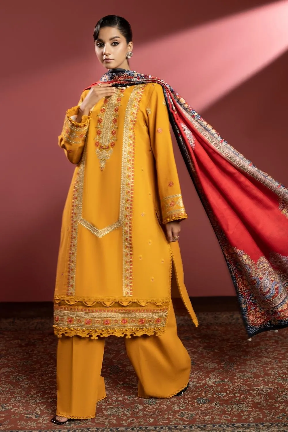 3PC Unstitched | Embroidered Khaddar Shirt  Printed Twill Shawl  Trouser