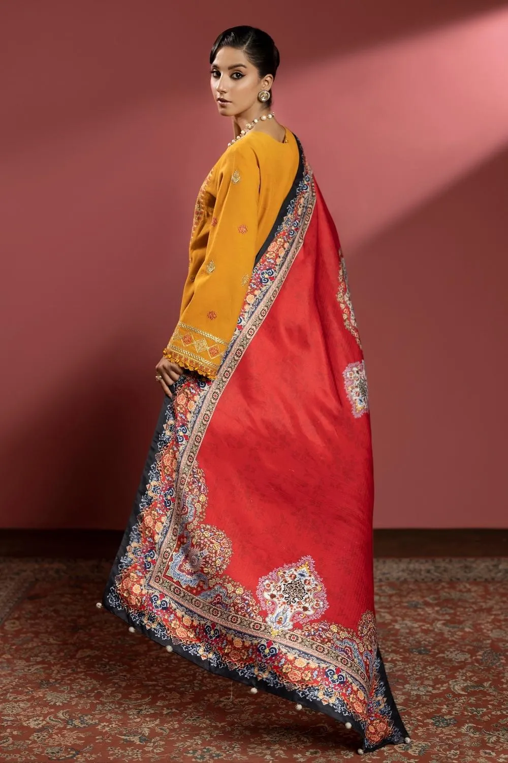 3PC Unstitched | Embroidered Khaddar Shirt  Printed Twill Shawl  Trouser