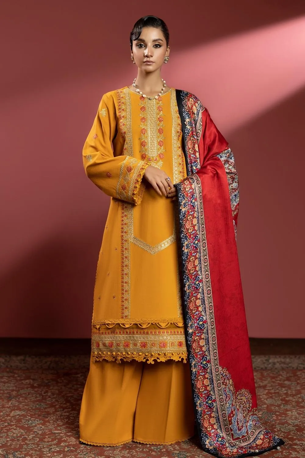 3PC Unstitched | Embroidered Khaddar Shirt  Printed Twill Shawl  Trouser