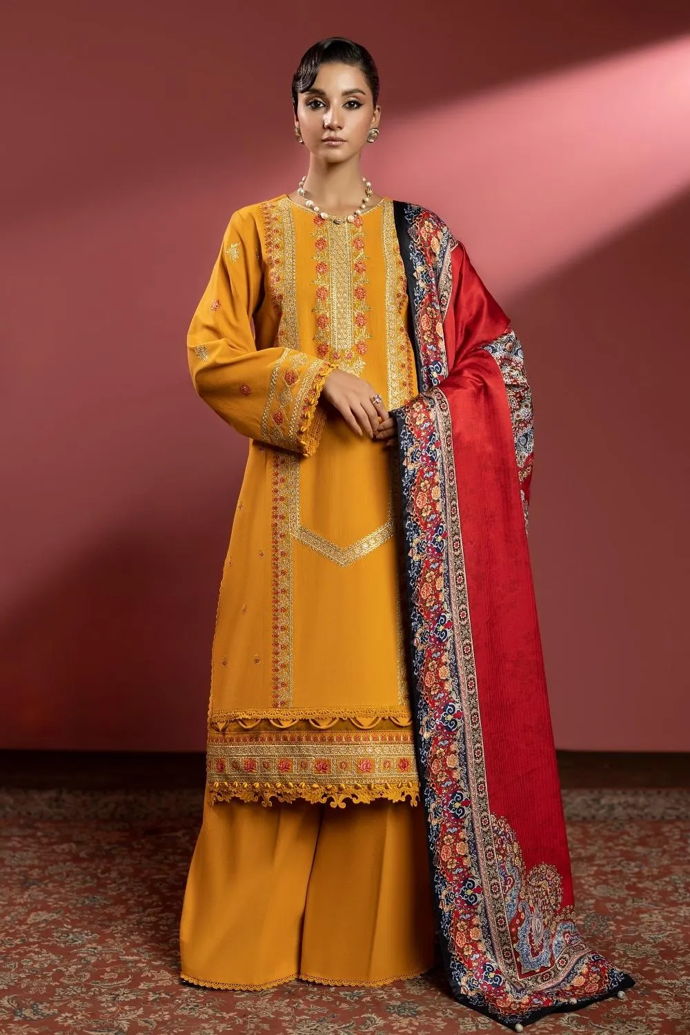 3PC Unstitched | Embroidered Khaddar Shirt  Printed Twill Shawl  Trouser