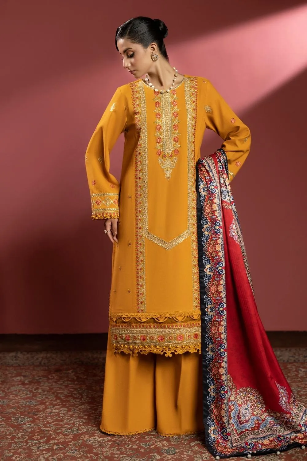3PC Unstitched | Embroidered Khaddar Shirt  Printed Twill Shawl  Trouser