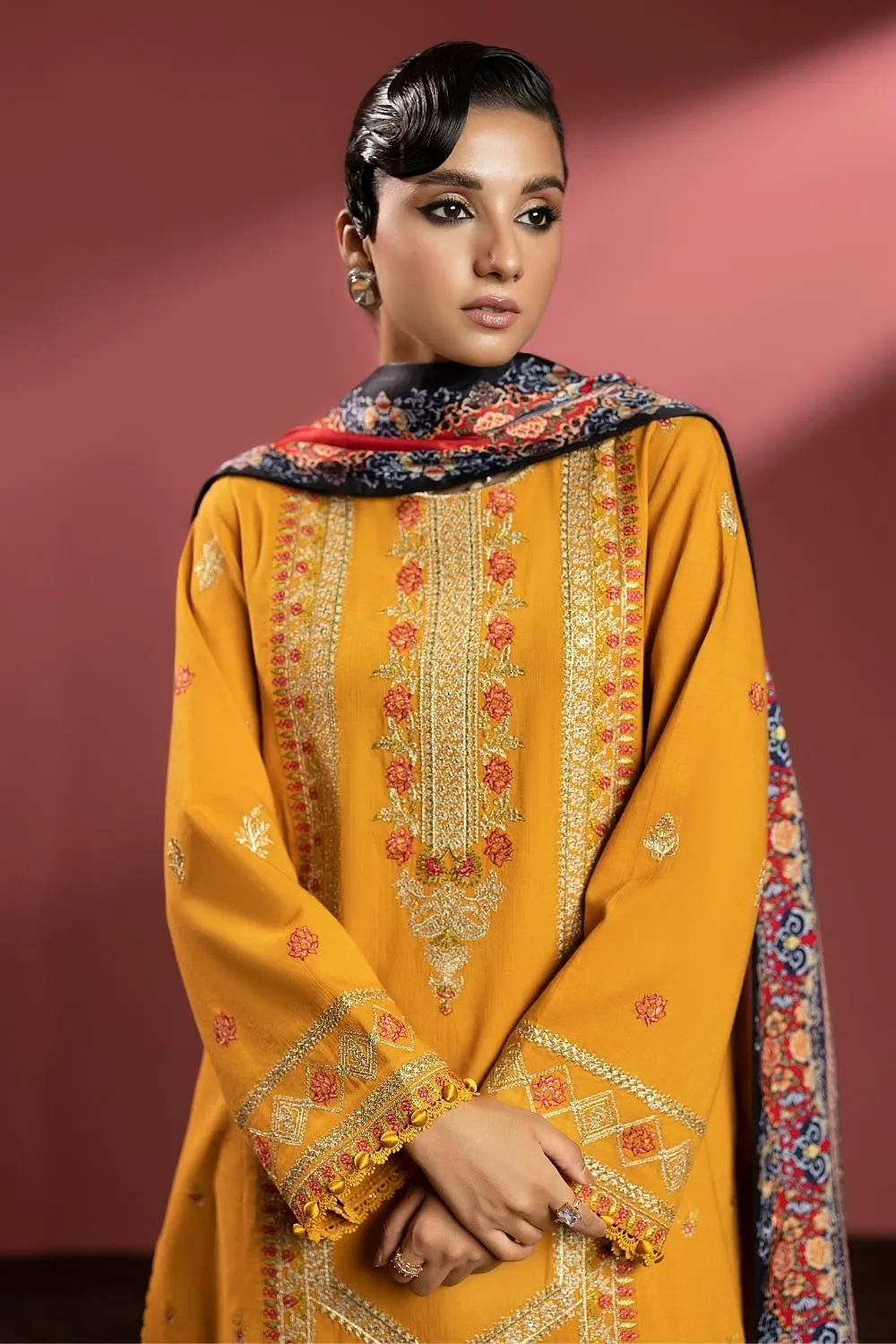 3PC Unstitched | Embroidered Khaddar Shirt  Printed Twill Shawl  Trouser