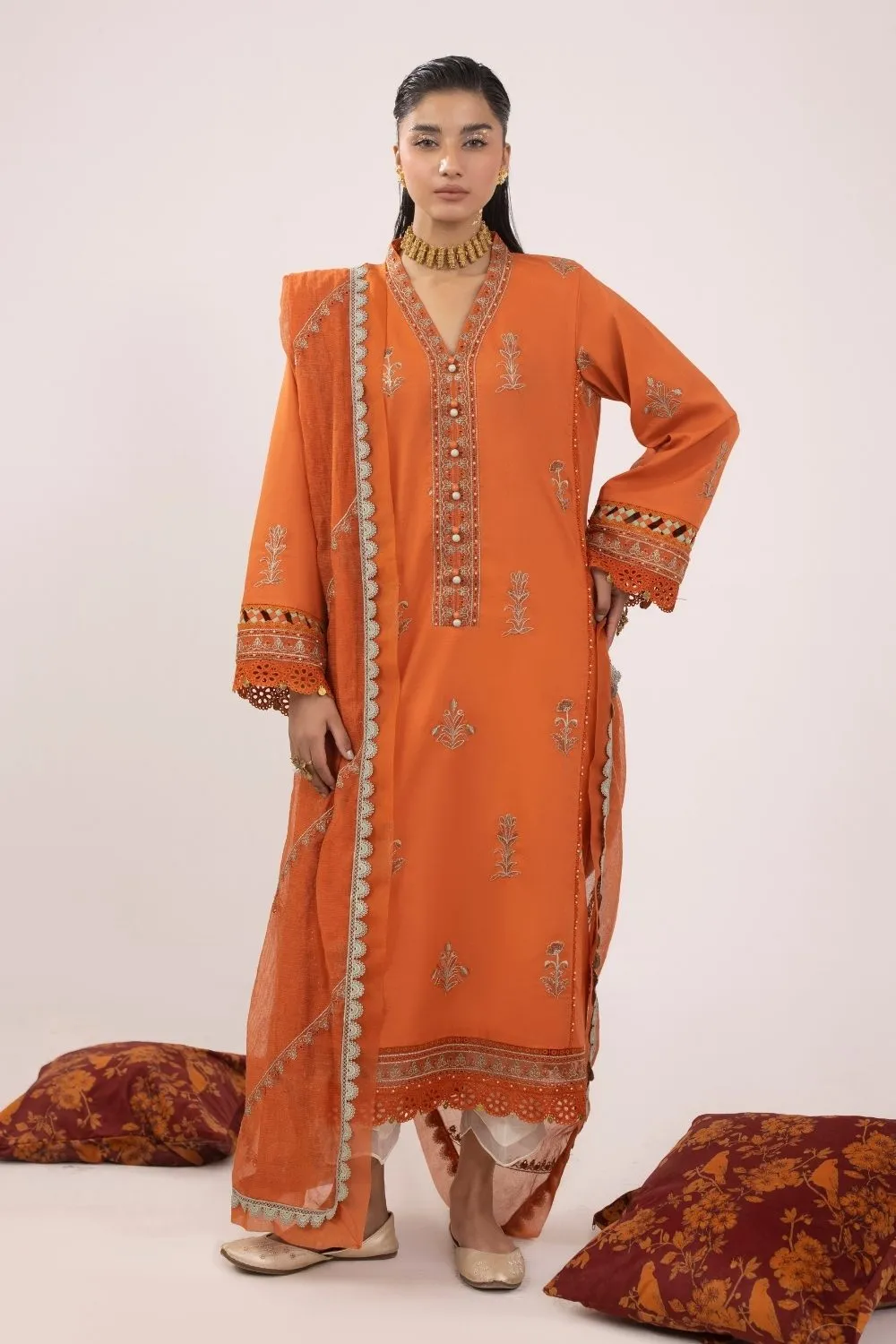 3PC Unstitched | Embroidered Lawn Suit | Cotton Net Dupatta
