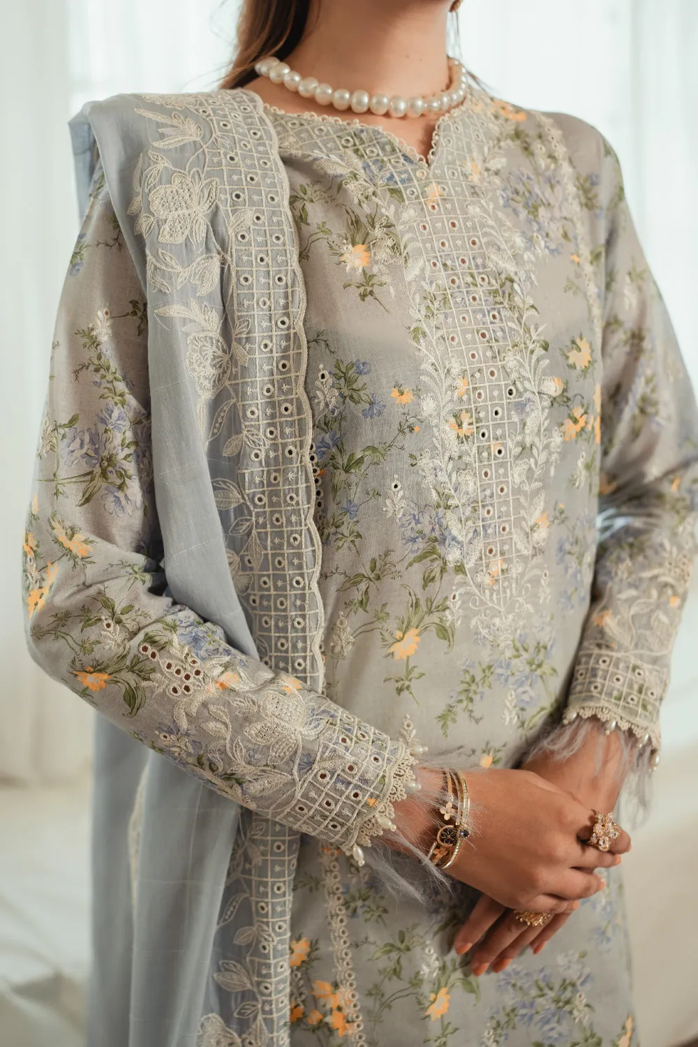 3PC Unstitched | Embroidered Lawn Suit | Embroidered Dobby Dupatta
