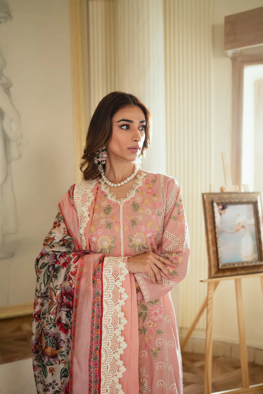 3PC Unstitched | Embroidered Lawn Suit | Silk Dupatta