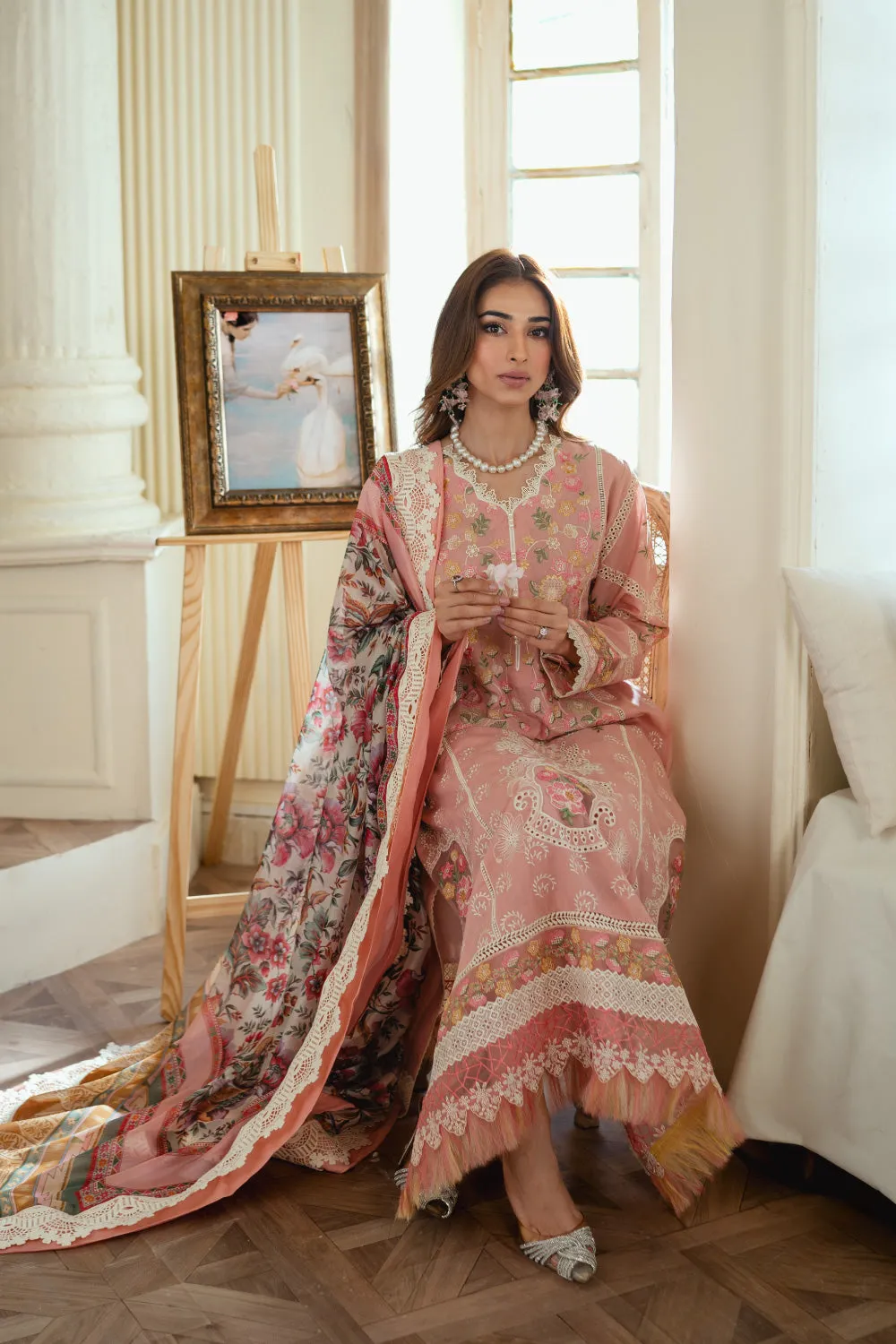3PC Unstitched | Embroidered Lawn Suit | Silk Dupatta
