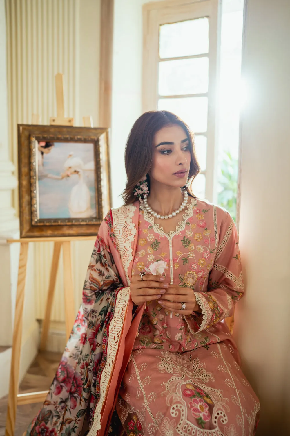 3PC Unstitched | Embroidered Lawn Suit | Silk Dupatta