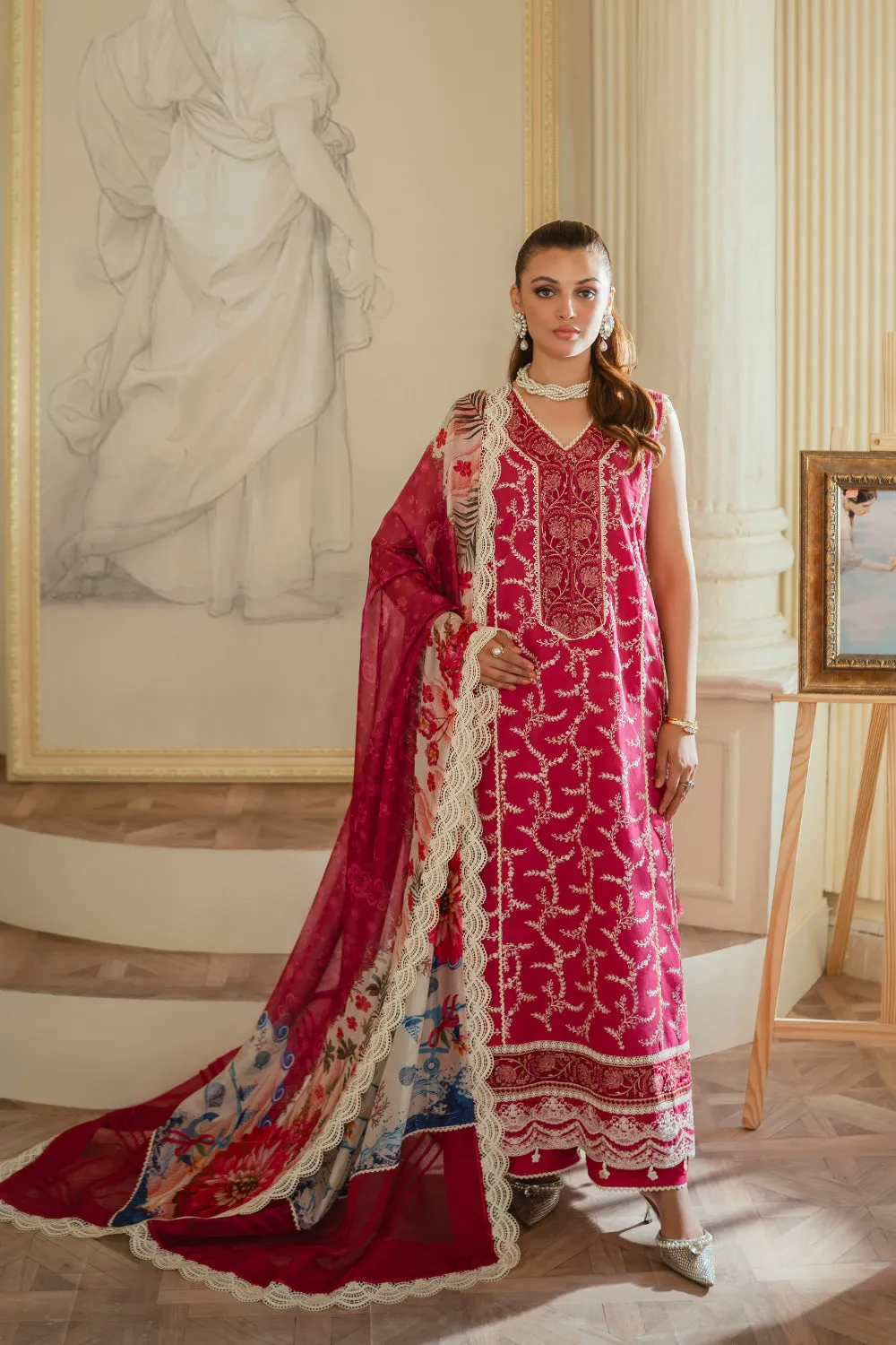 3PC Unstitched | Embroidered Lawn Suit | Silk Dupatta
