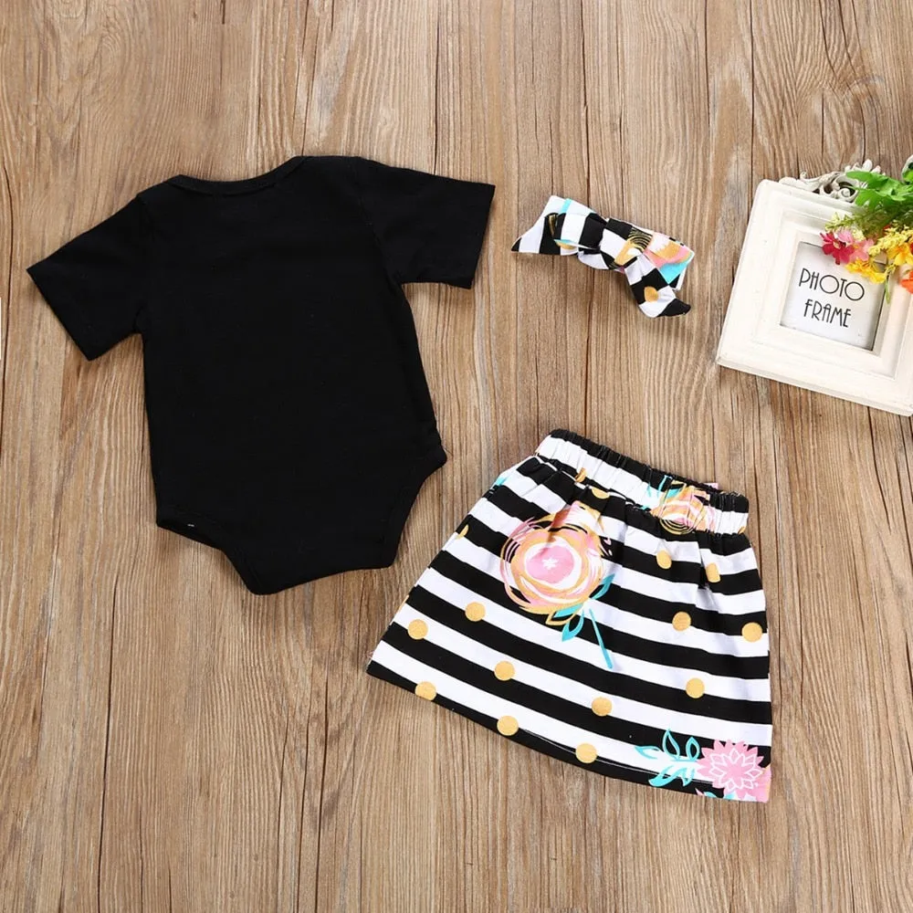 3Pcs Baby Girl Outfits Set T-shirt Romper Skirt Headband