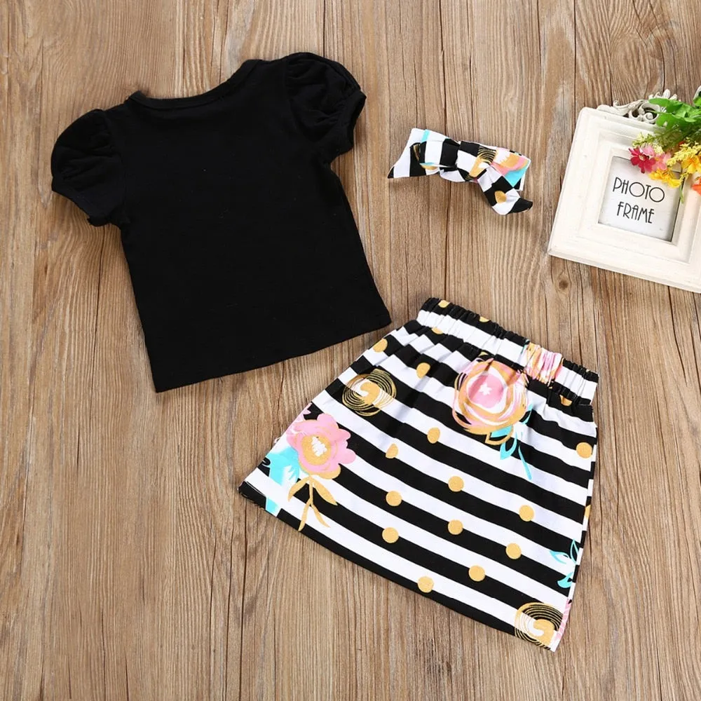 3Pcs Baby Girl Outfits Set T-shirt Romper Skirt Headband