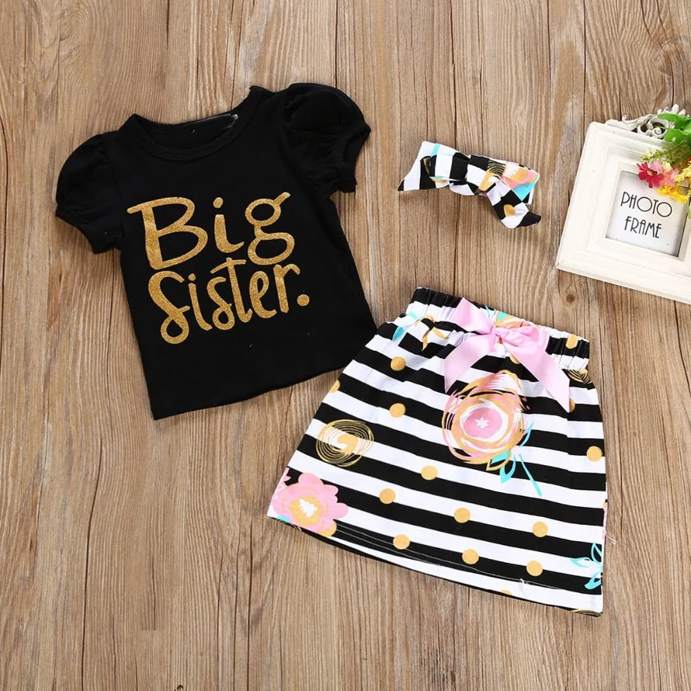 3Pcs Baby Girl Outfits Set T-shirt Romper Skirt Headband