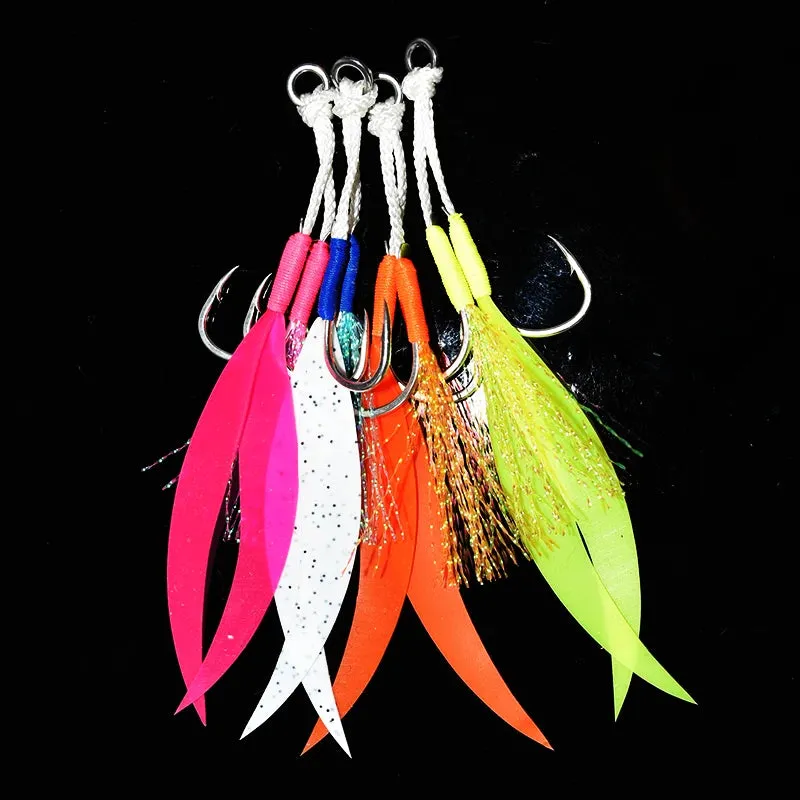 4pcs Ribbon Silicone Skirt Double Assist Hook Metal Jig Mate High Carbon Steel