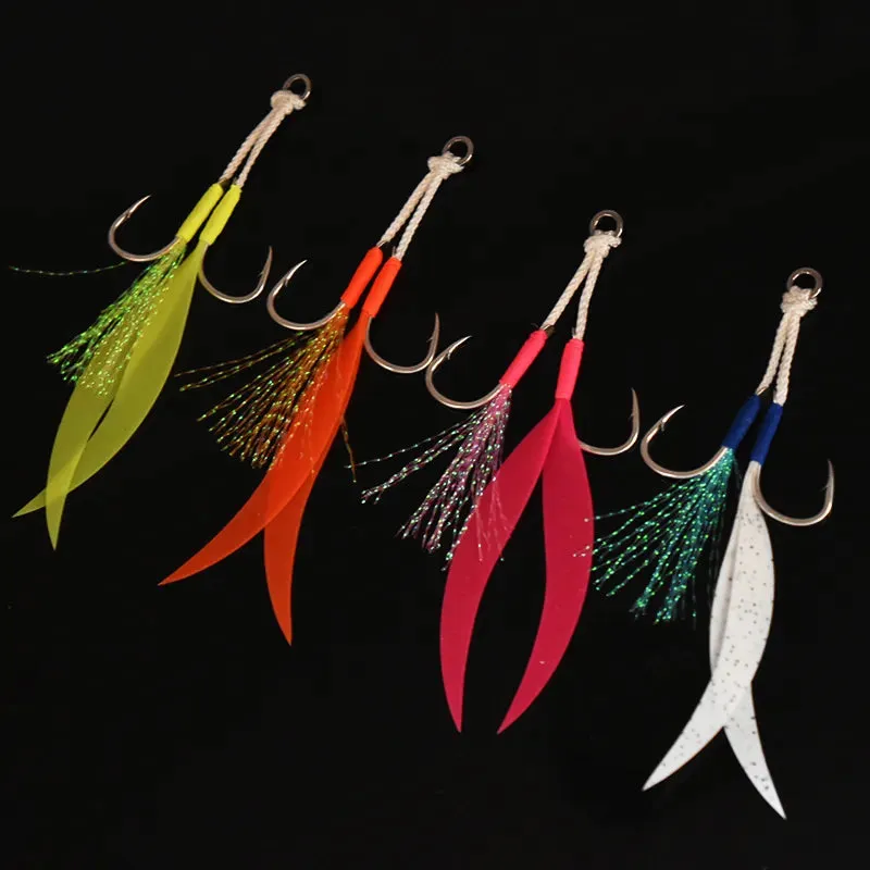 4pcs Ribbon Silicone Skirt Double Assist Hook Metal Jig Mate High Carbon Steel