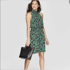 A New Day Black and Green Floral Sleeveless Halter Neck Dress Size XXL