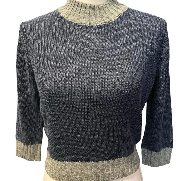 AG Adriano Goldschmied Isk Mock Neck Crop Sweater Blue w/ Gray Trim Size Medium