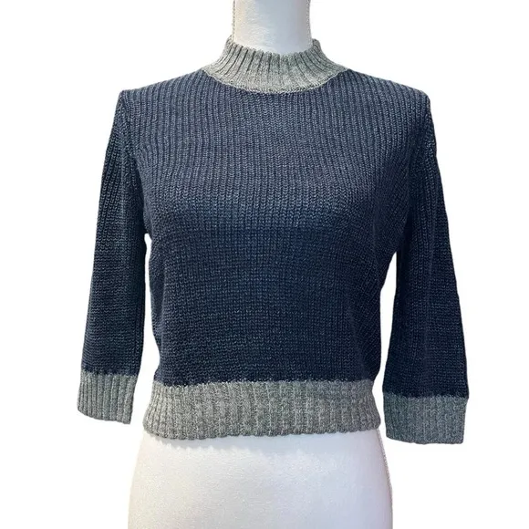 AG Adriano Goldschmied Isk Mock Neck Crop Sweater Blue w/ Gray Trim Size Medium
