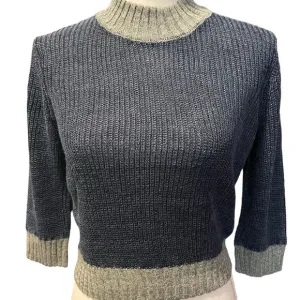 AG Adriano Goldschmied Isk Mock Neck Crop Sweater Blue w/ Gray Trim Size Medium