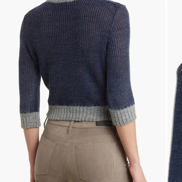 AG Adriano Goldschmied Isk Mock Neck Crop Sweater Blue w/ Gray Trim Size Medium