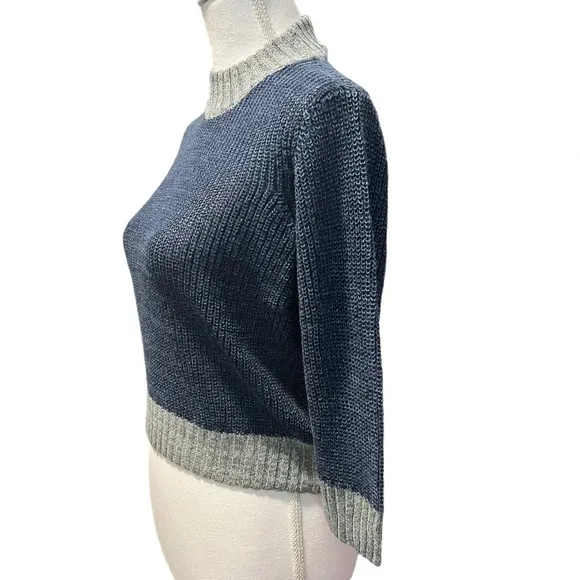 AG Adriano Goldschmied Isk Mock Neck Crop Sweater Blue w/ Gray Trim Size Medium
