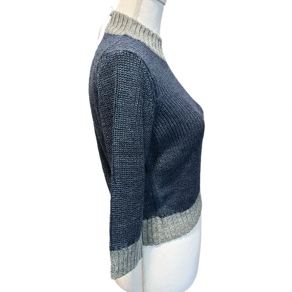 AG Adriano Goldschmied Isk Mock Neck Crop Sweater Blue w/ Gray Trim Size Medium