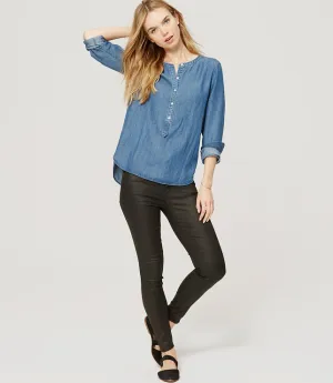 Ann Taylor LOFT Blue Collarless Chambray Softened Shirt Size Medium