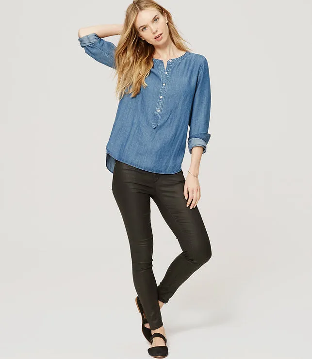 Ann Taylor LOFT Blue Collarless Chambray Softened Shirt Size Medium