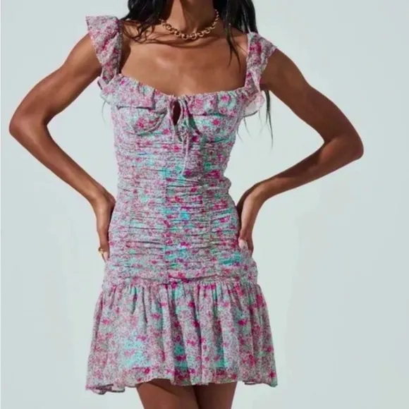 ASTR The Label Teal Pink Floral Ruched Sweetheart Mini Dress X-Large NWT