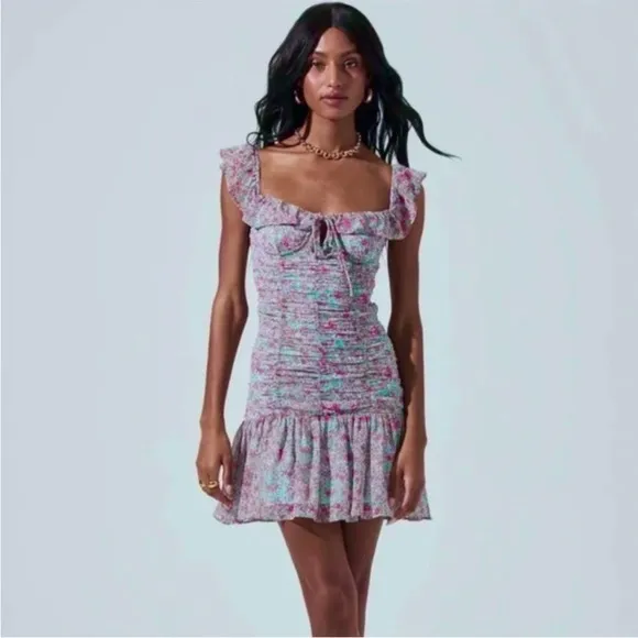 ASTR The Label Teal Pink Floral Ruched Sweetheart Mini Dress X-Large NWT