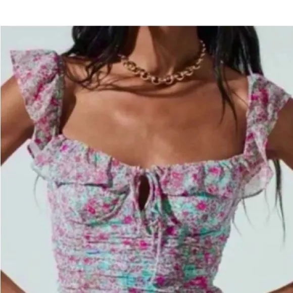 ASTR The Label Teal Pink Floral Ruched Sweetheart Mini Dress X-Large NWT