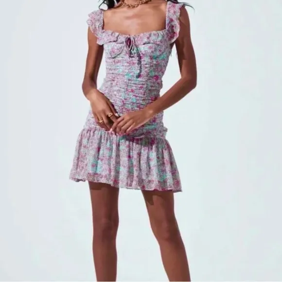 ASTR The Label Teal Pink Floral Ruched Sweetheart Mini Dress X-Large NWT