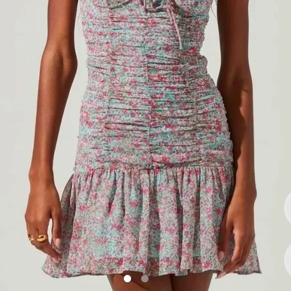 ASTR The Label Teal Pink Floral Ruched Sweetheart Mini Dress X-Large NWT