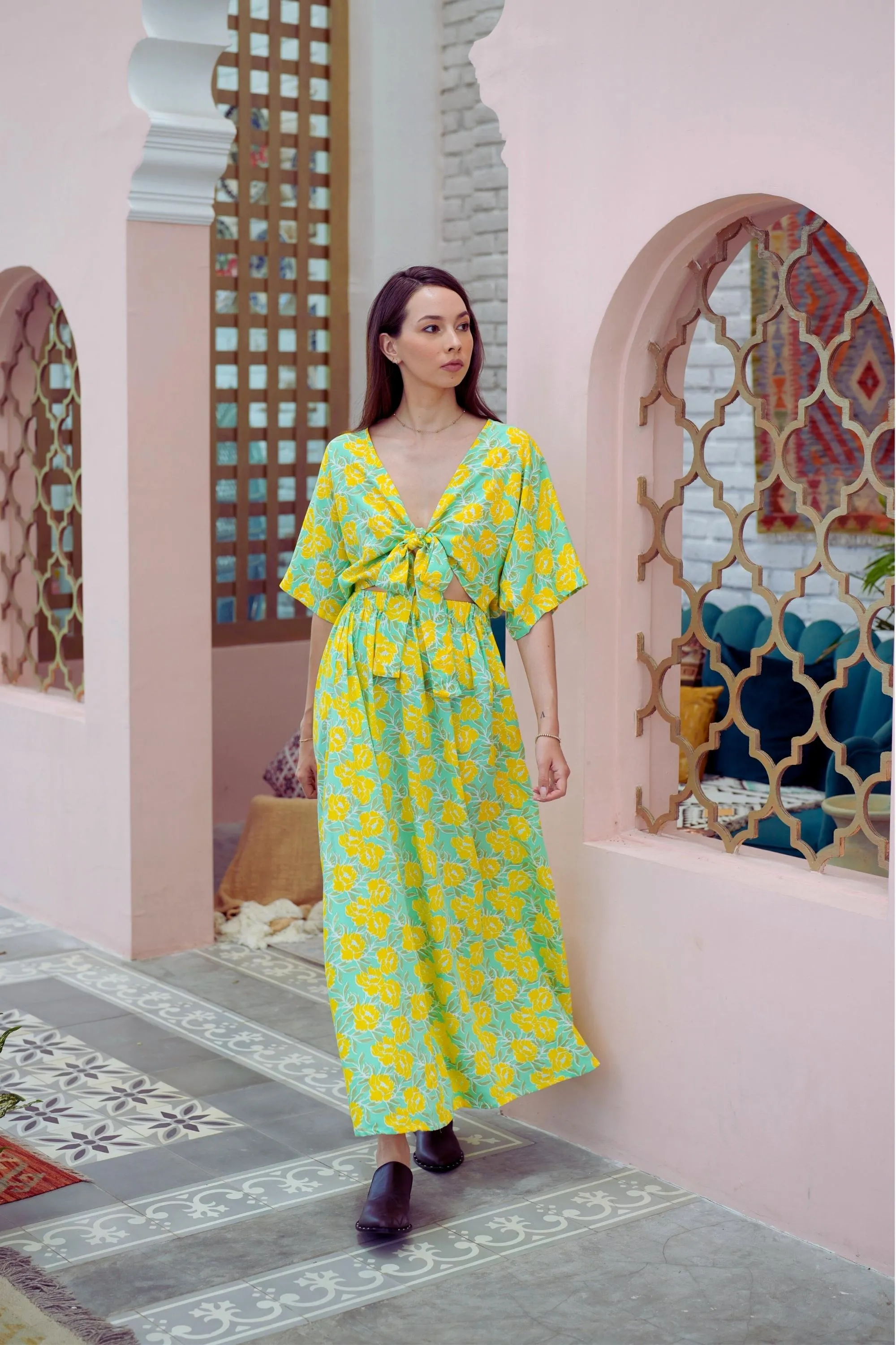 Aubrey Floral Wrap Top and Midi Skirt Matching Set in Yellow Garden (Sample Sale)