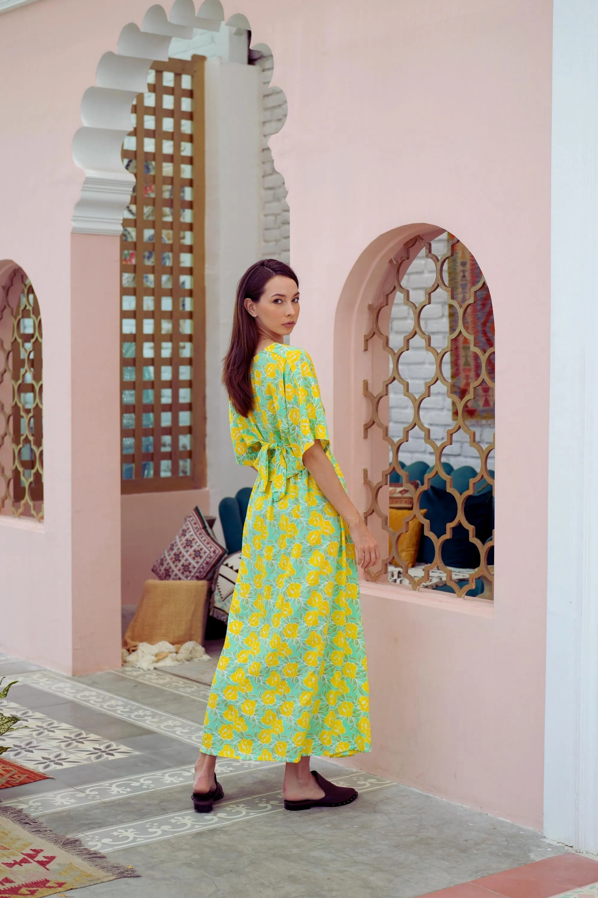 Aubrey Floral Wrap Top and Midi Skirt Matching Set in Yellow Garden (Sample Sale)