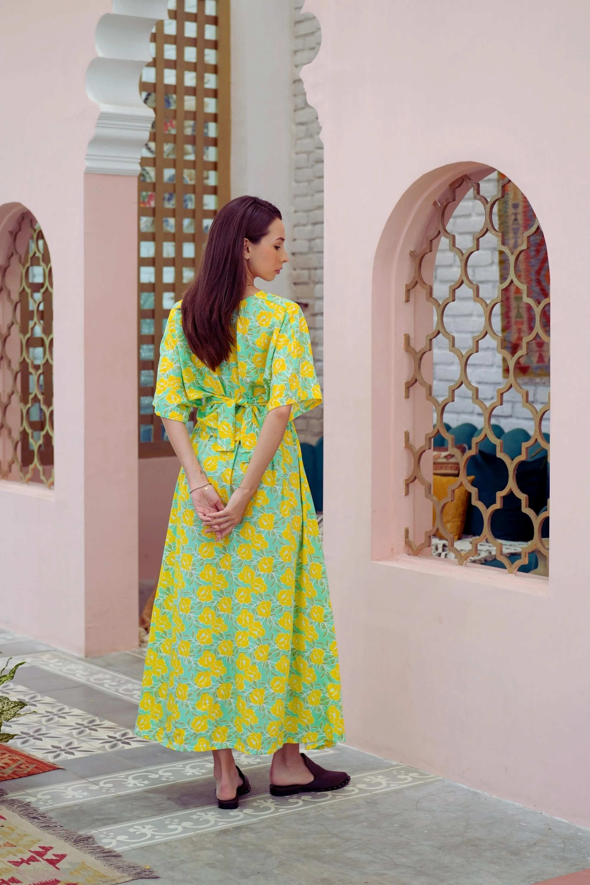 Aubrey Floral Wrap Top and Midi Skirt Matching Set in Yellow Garden (Sample Sale)