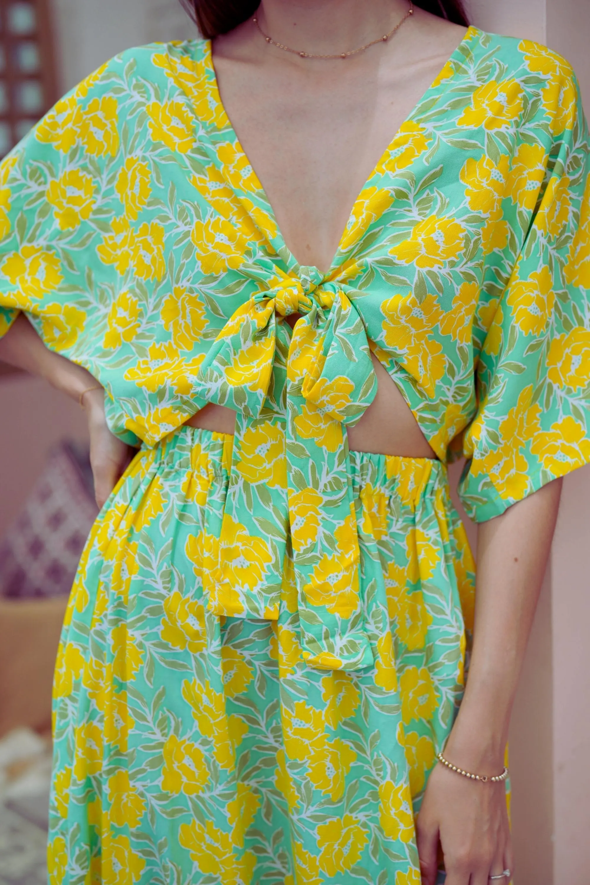 Aubrey Floral Wrap Top and Midi Skirt Matching Set in Yellow Garden (Sample Sale)