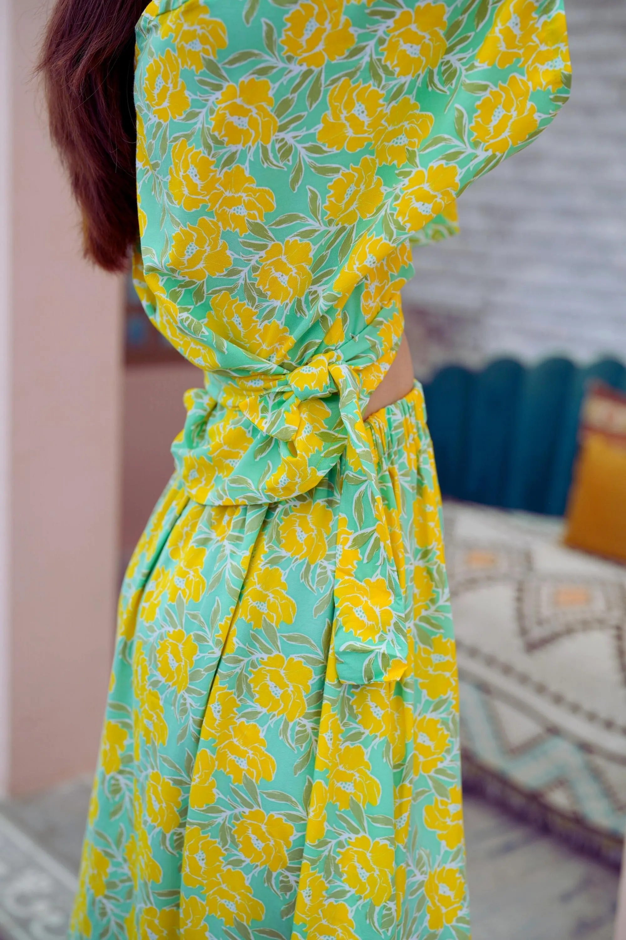 Aubrey Floral Wrap Top and Midi Skirt Matching Set in Yellow Garden (Sample Sale)