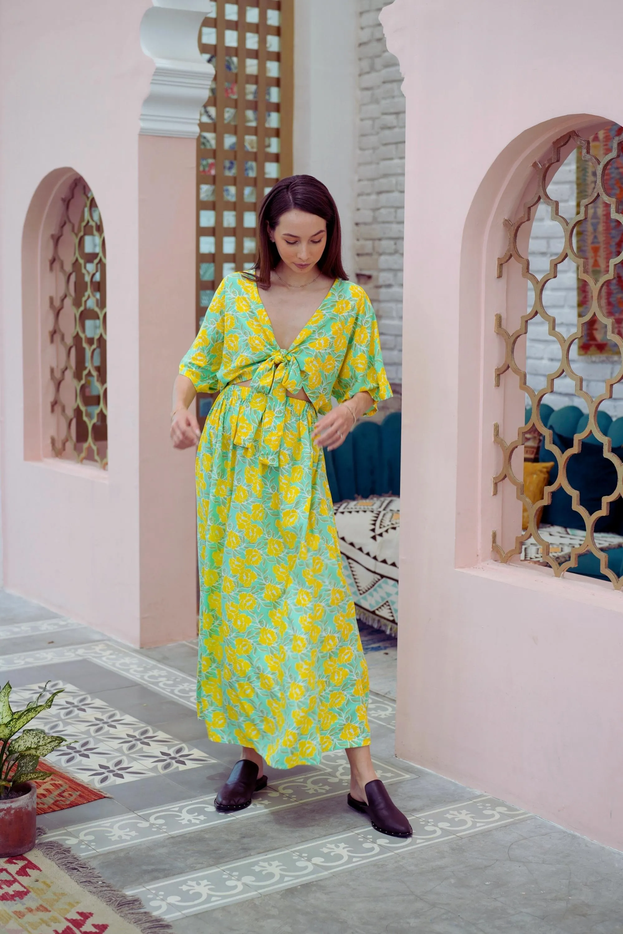 Aubrey Floral Wrap Top and Midi Skirt Matching Set in Yellow Garden (Sample Sale)