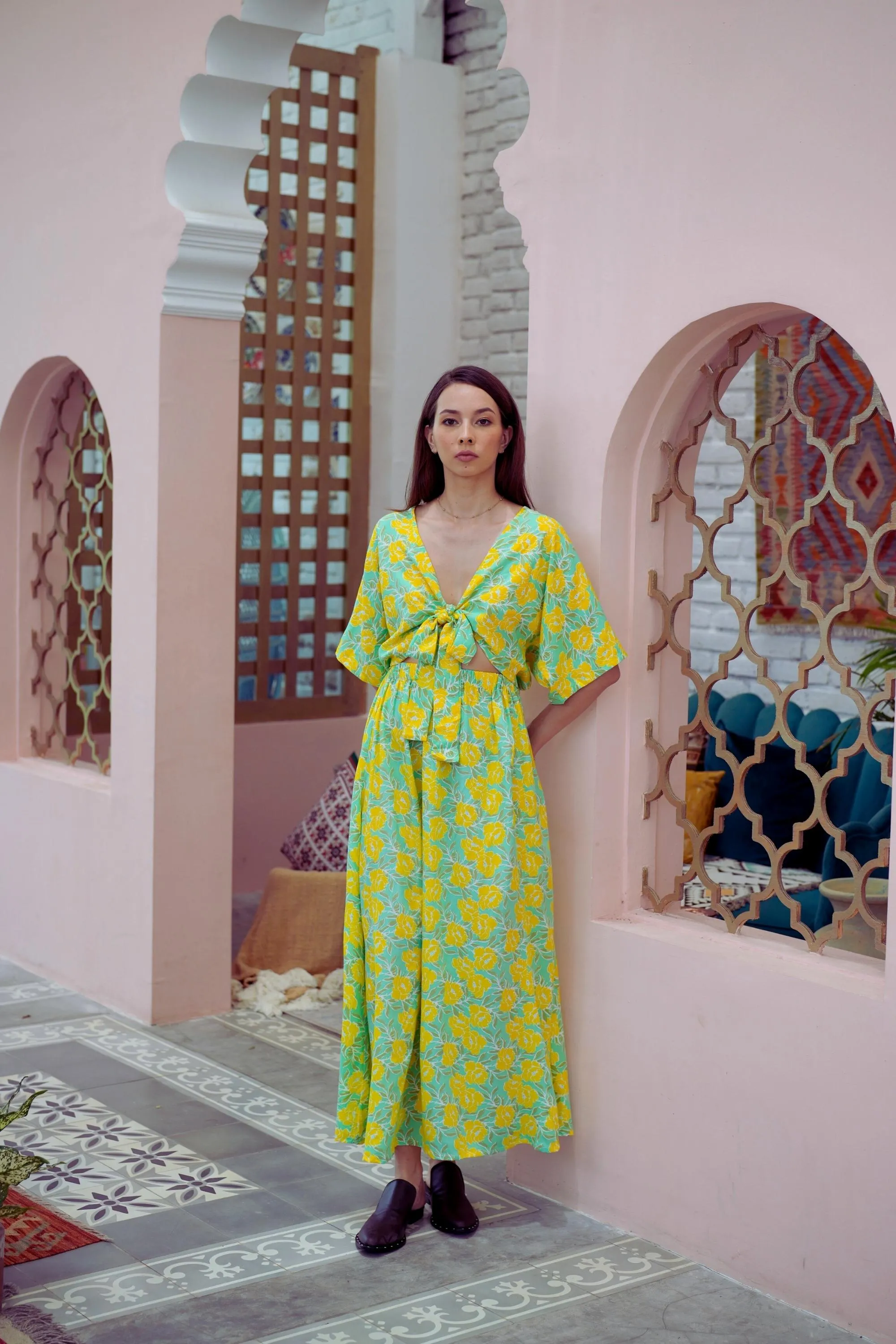 Aubrey Floral Wrap Top and Midi Skirt Matching Set in Yellow Garden (Sample Sale)