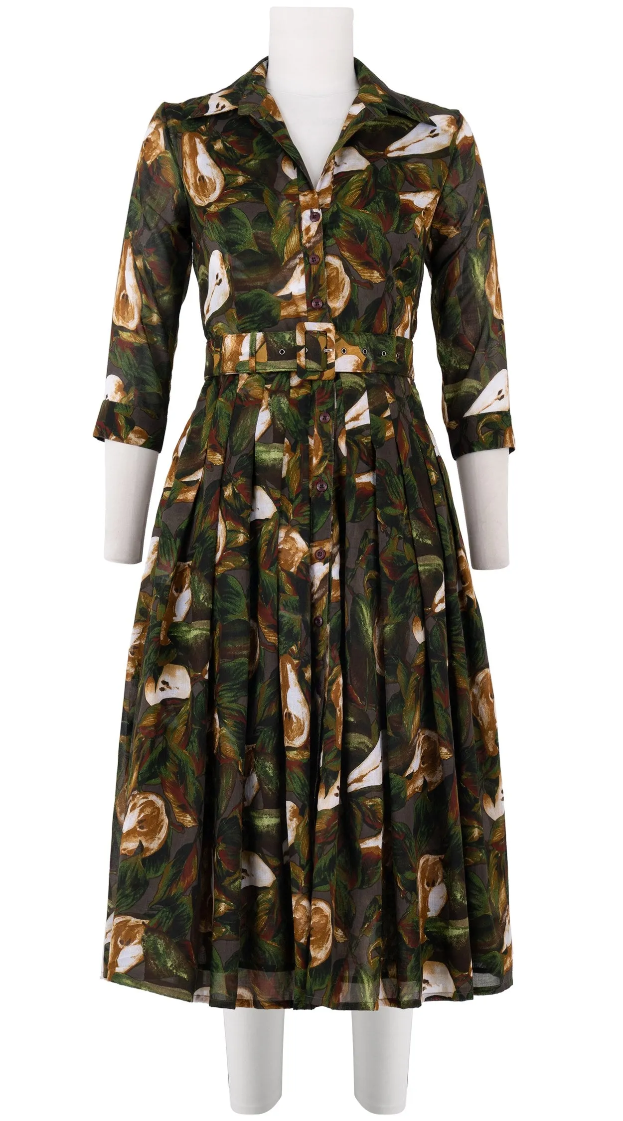Audrey Dress #4 Shirt Collar 3/4 Sleeve Midi Length Cotton Musola (Pear Harvest)