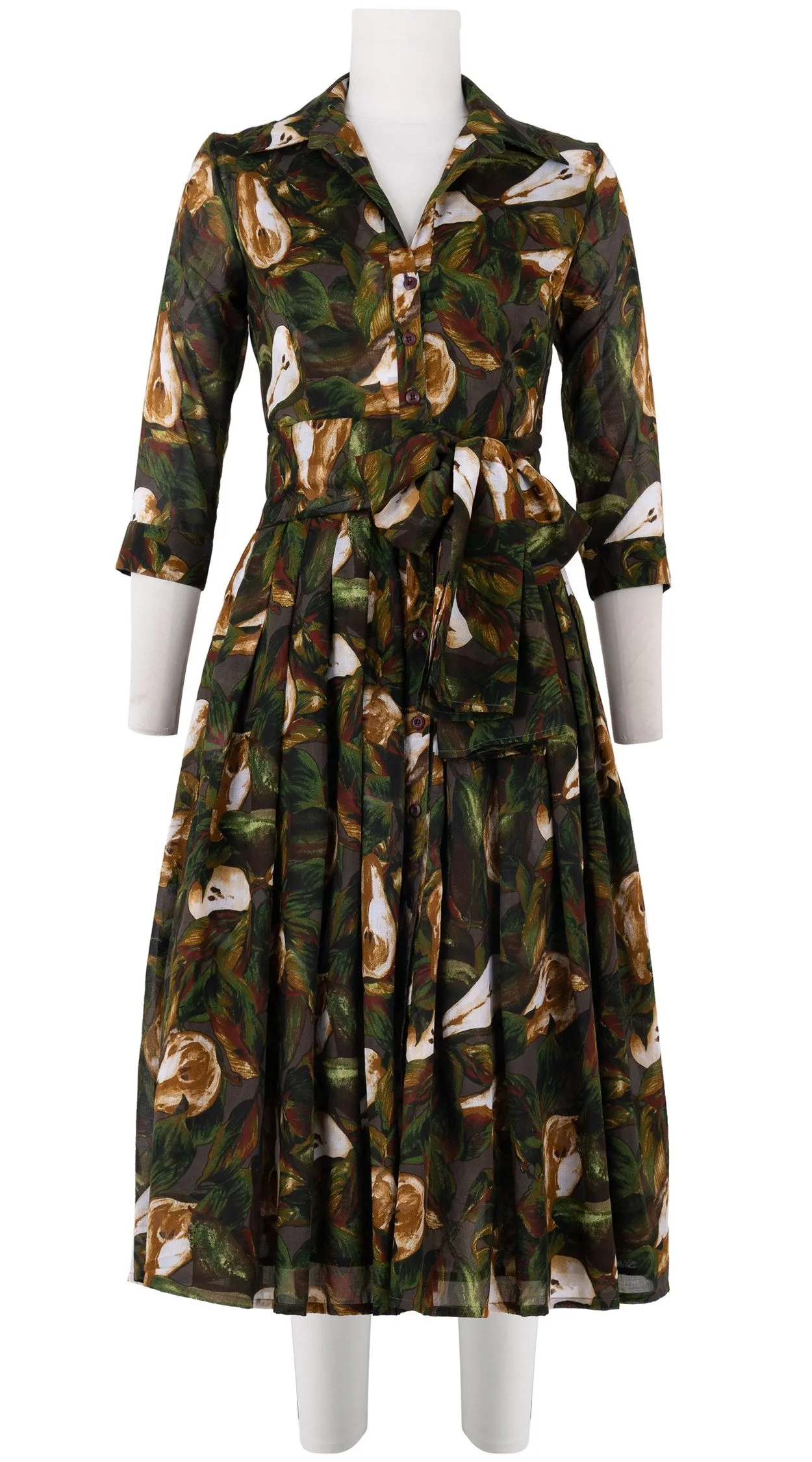 Audrey Dress #4 Shirt Collar 3/4 Sleeve Midi Length Cotton Musola (Pear Harvest)