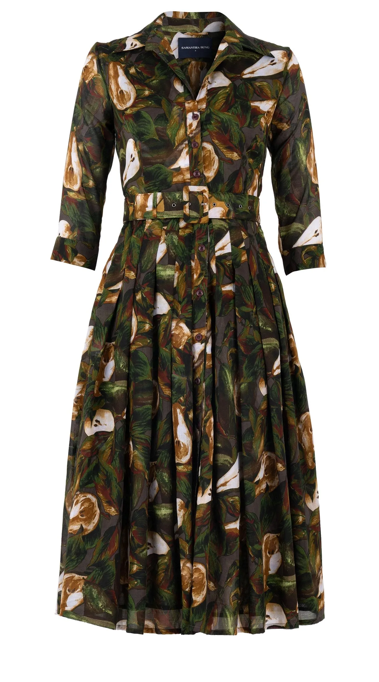Audrey Dress #4 Shirt Collar 3/4 Sleeve Midi Length Cotton Musola (Pear Harvest)