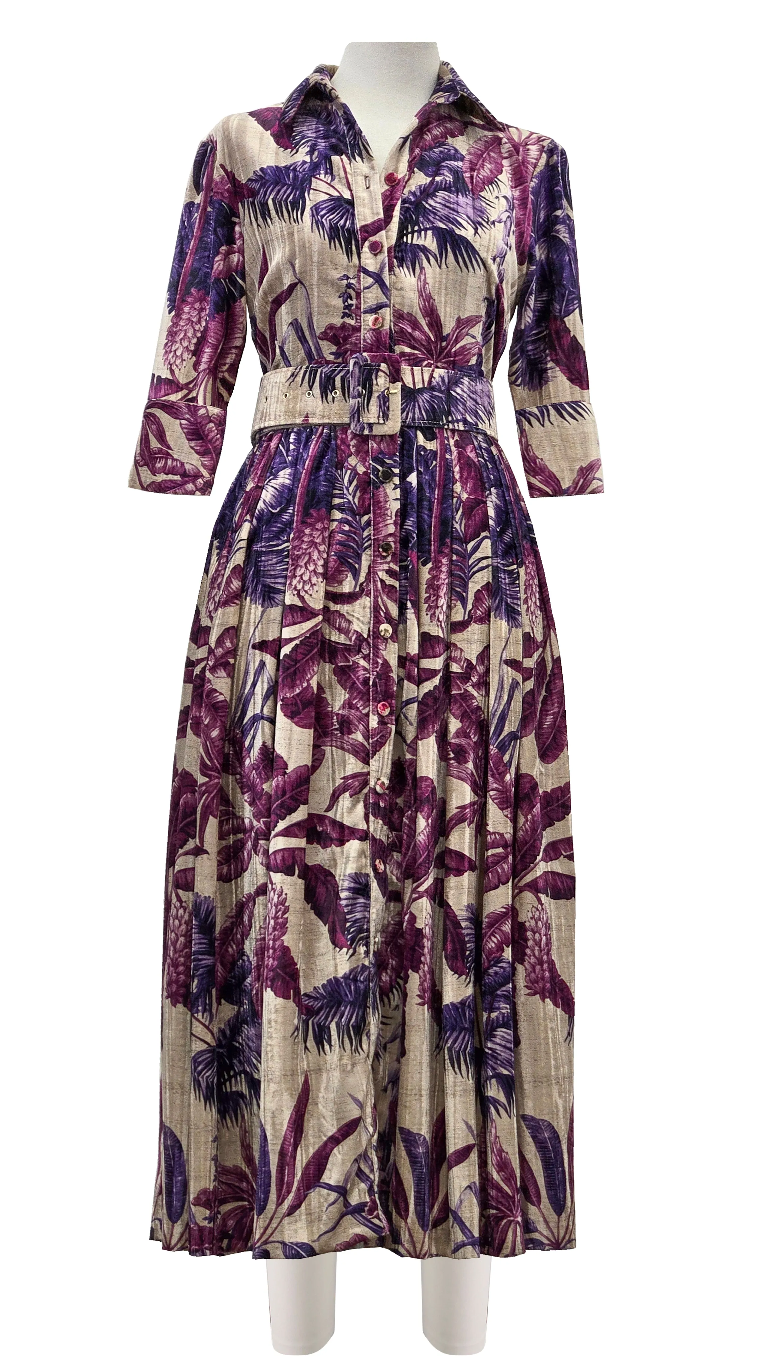 Audrey Dress #4 Shirt Collar 3/4 Sleeve Midi Length Velvet Vicose (Vintage Palm Beige)
