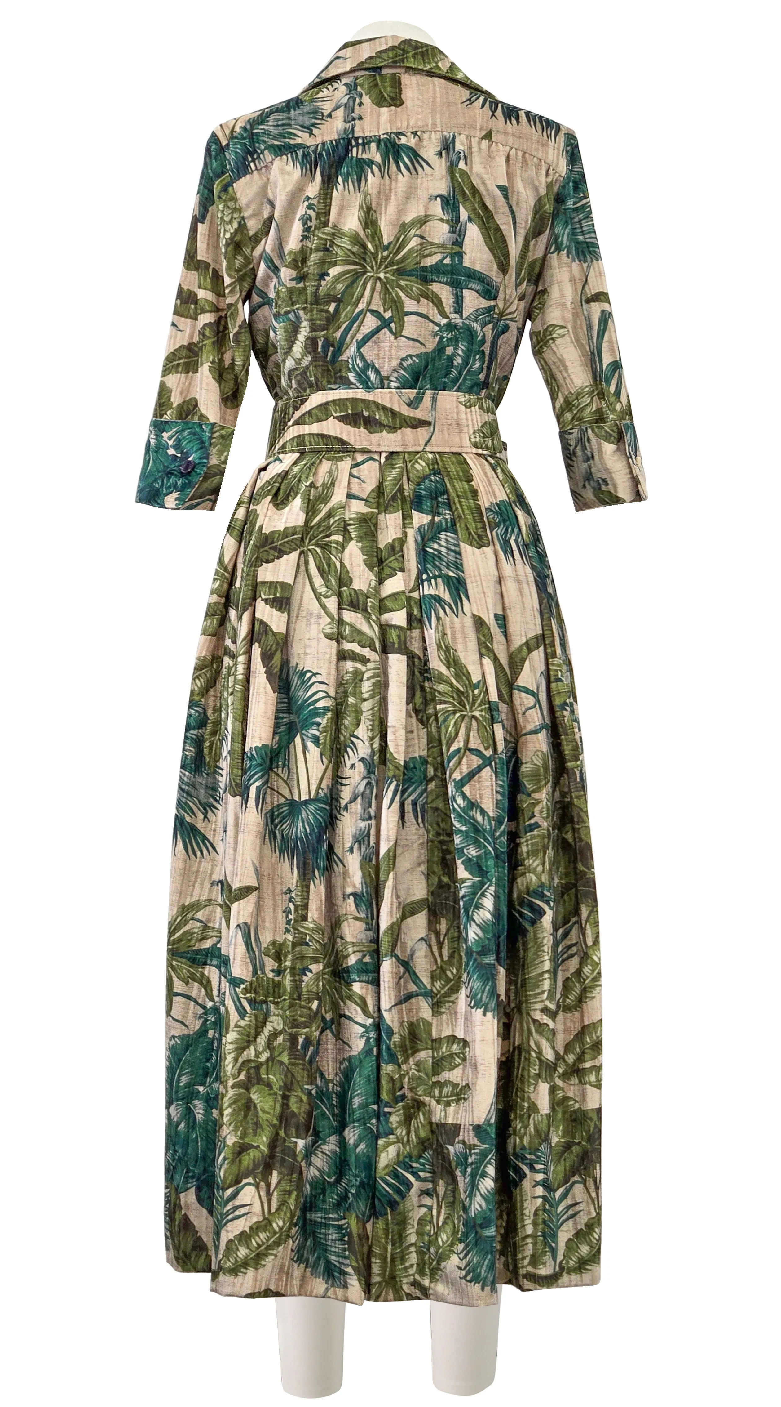 Audrey Dress #4 Shirt Collar 3/4 Sleeve Midi Length Velvet Vicose (Vintage Palm Beige)