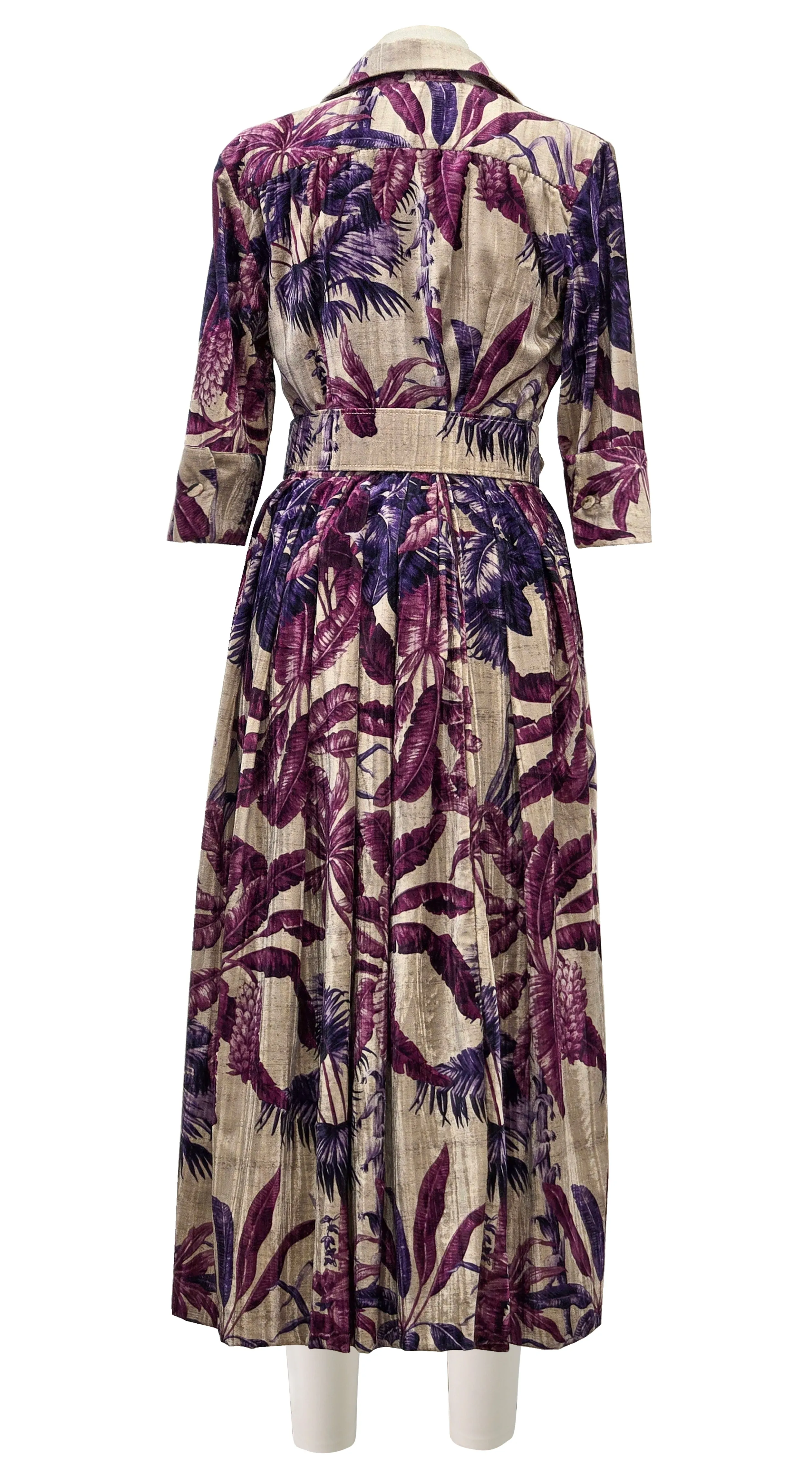 Audrey Dress #4 Shirt Collar 3/4 Sleeve Midi Length Velvet Vicose (Vintage Palm Beige)